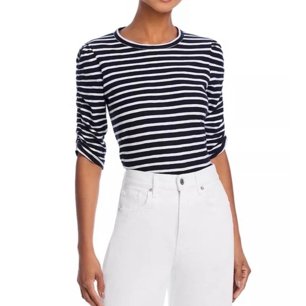 Veronica Beard Waldorf Top Ruched Sleeve Striped Tee Navy White - XSmall